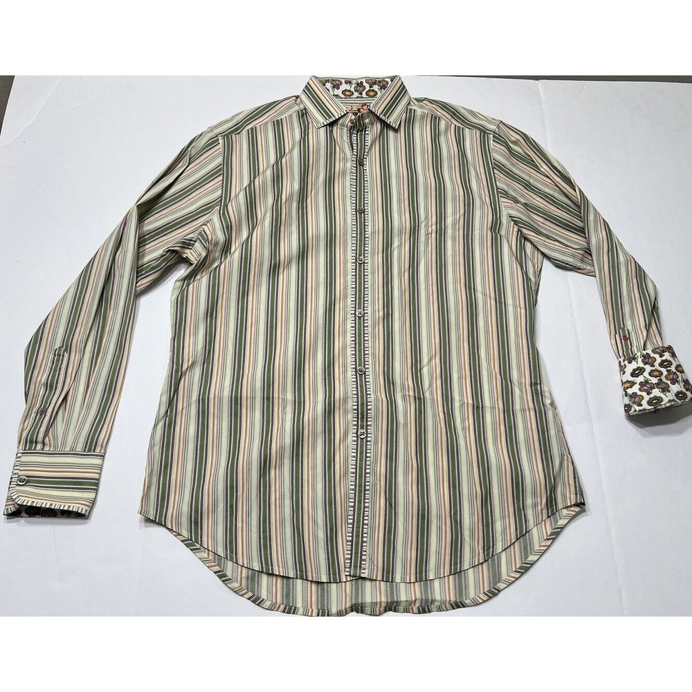 Robert Graham Men's Size Large Long Sleeve Green Stripe Shirt Paisley Cuffs